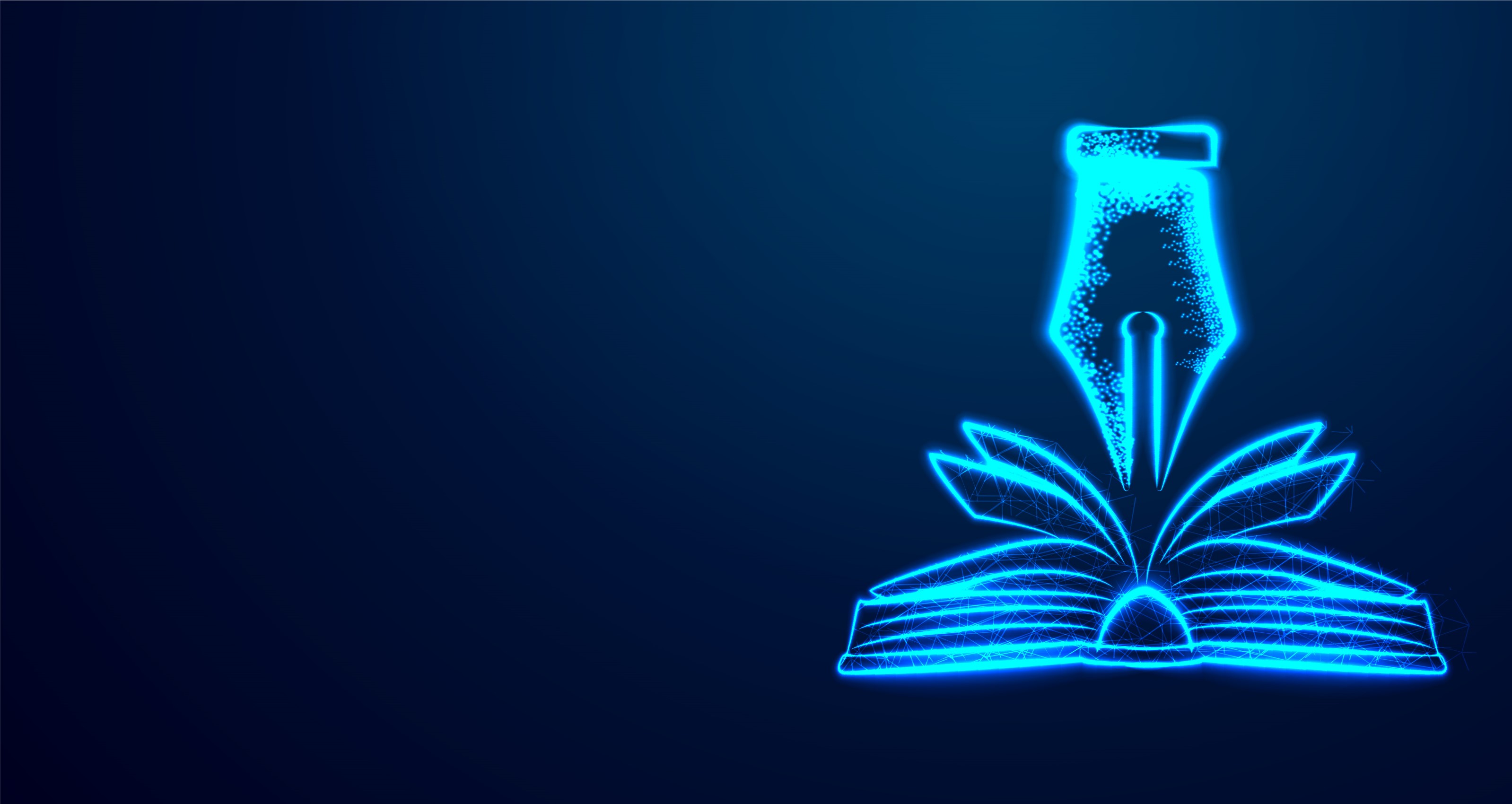 A nib of an ink pen is facing down on an open book. This is in glowing blue colour on top of a deep blue background