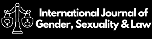 White text on a black background saying "International journal of gender, sexuality and law". There is a white logo of a sales with "male" and "female" symbols on each side.